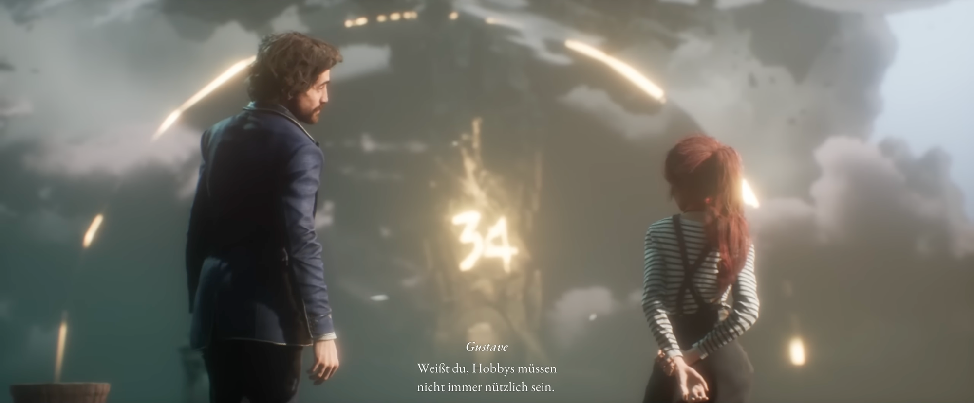 Gustave und Maelle in Clair Obscur blicken auf das Monolith. Untertitel: "Weißt du, Hobbys müssen nicht immer nützlich sein."