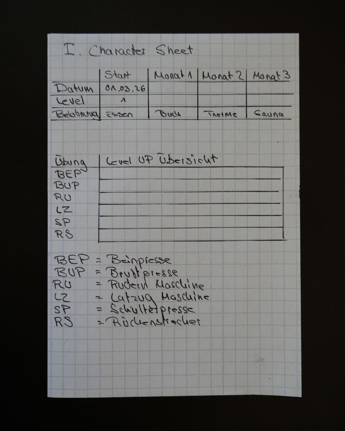 A piece of paper depicting a workout routine using Level Ups and Quest Rewards