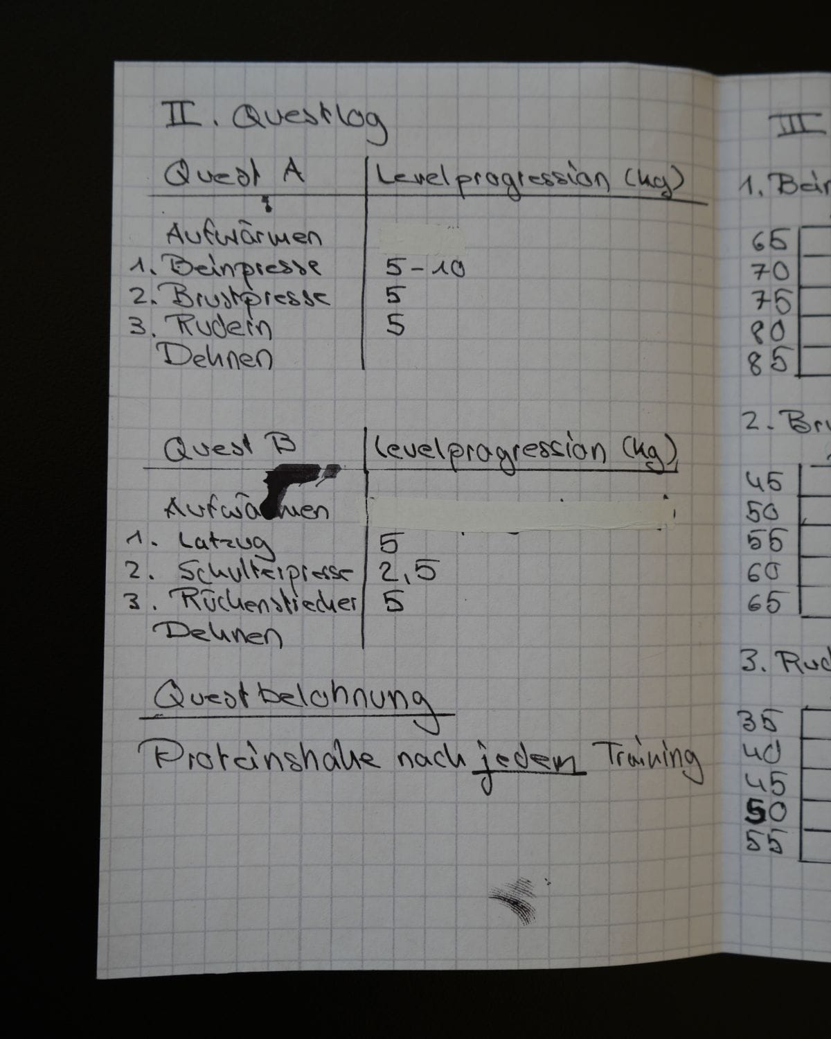 A piece of paper depicting a workout routine called „Questlog“ in reference to a video game
