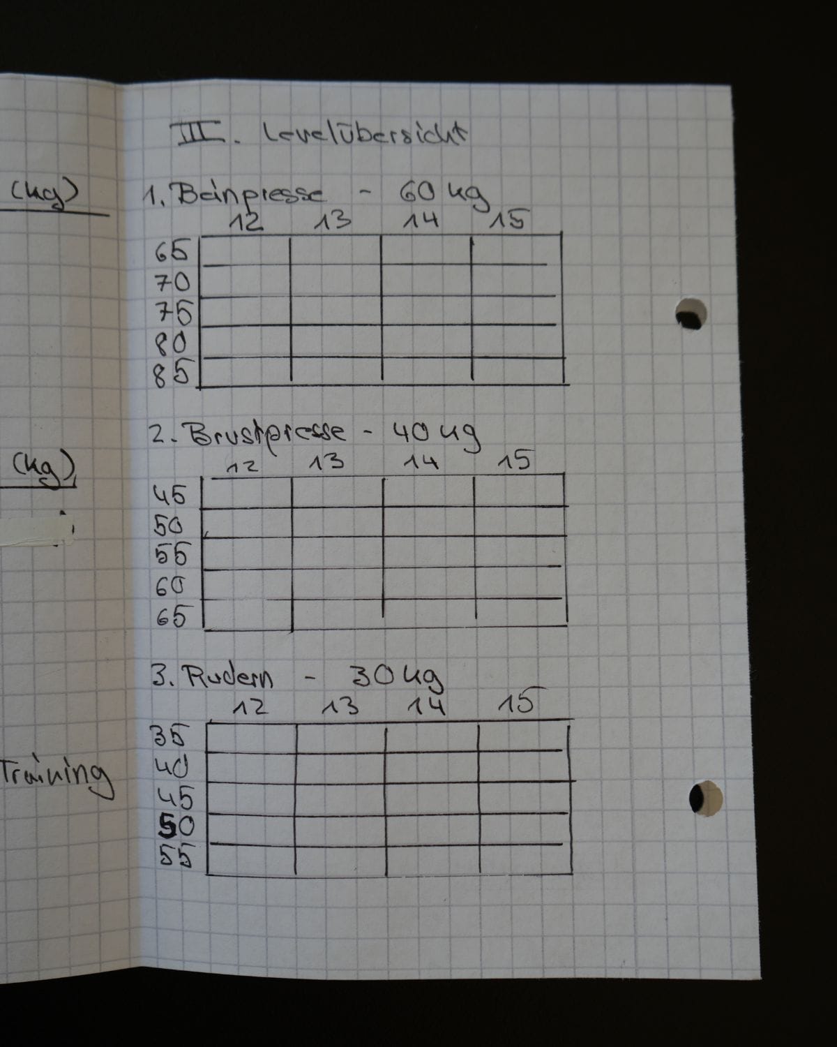 A piece of paper depicting a workout routine using XP bars to achieve progressive overload
