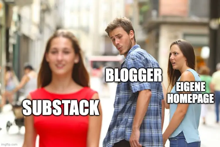 white man (representing all bloggers) gazing after a stranger (representing substack) while his wife (representing his homepage) looks at him angry