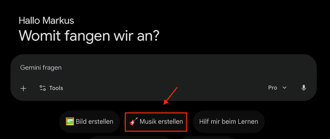 Screenshot des Google Gemini Interfaces, der die Option „Musik erstellen“ mit rotem Feld und Pfeil hervorhebt