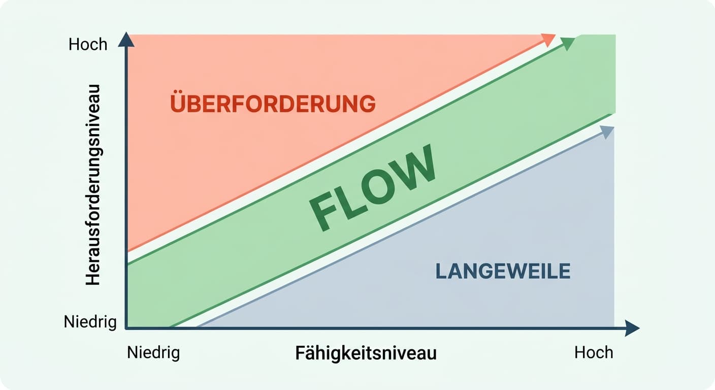 Ein Flow Diagramm: Flow entsteht zwischen Überforderung und Langeweile